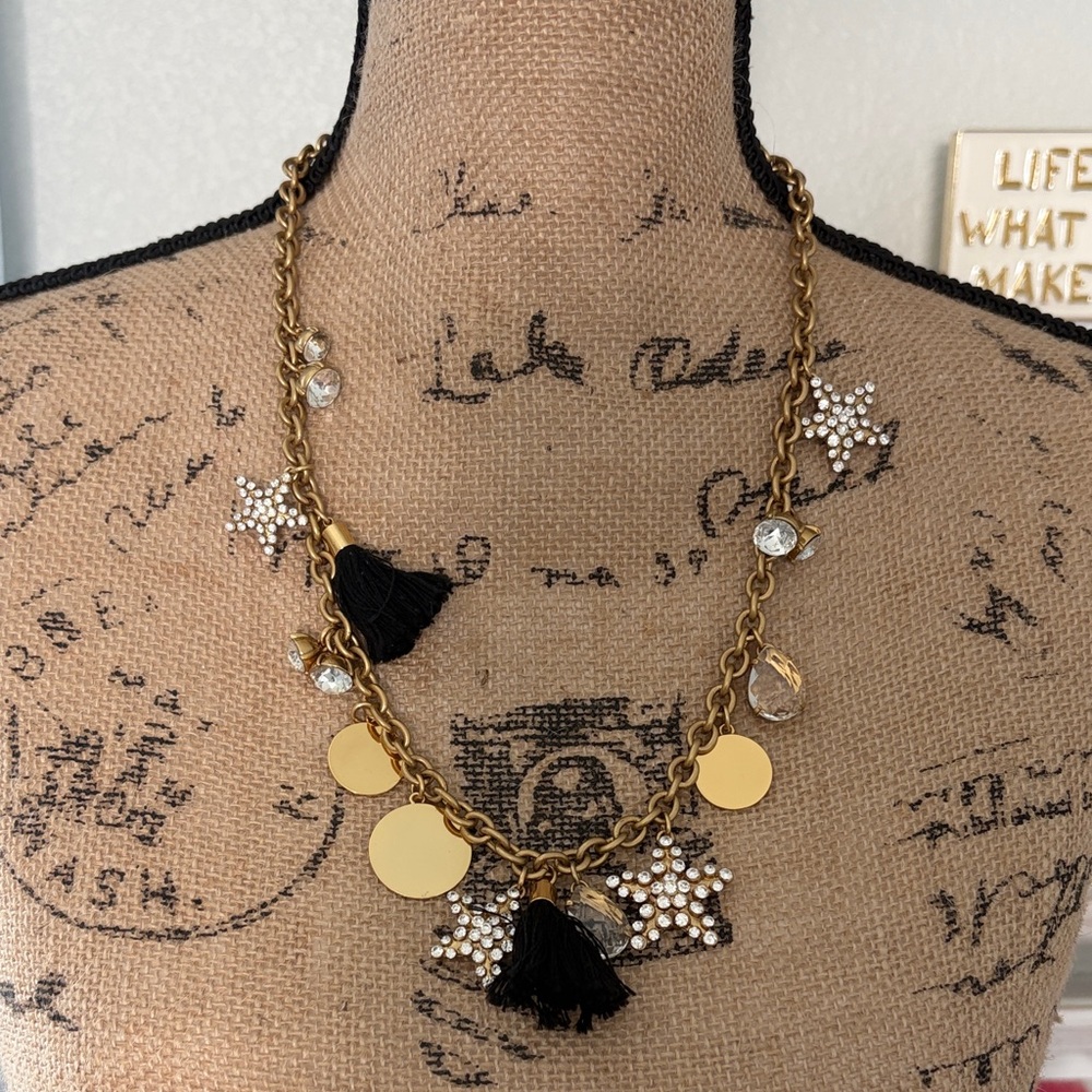 J. Crew Gold Tone Crystal Star Necklace with Black Tassels